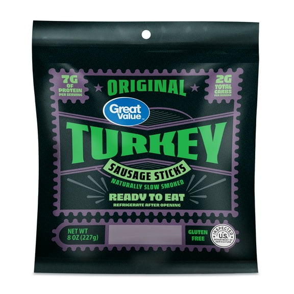 Great Value Original Turkey Sausage Sticks, Fully Cooked, 8 oz (Resealable Plastic Package)