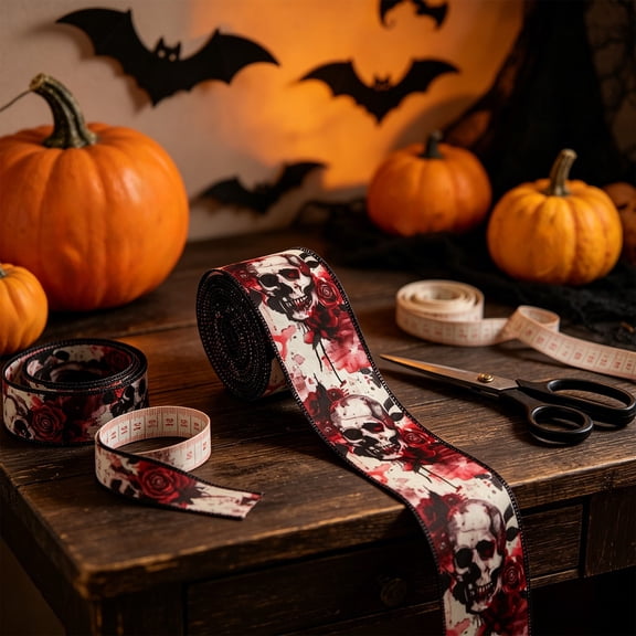 5 Yards Halloween Ribbon Set, Spooky Ghost Skull Bat Pumpkin Polyester Ribbon for Wreath Making, DIY Crafts, Gift Wrapping, Party Decorations