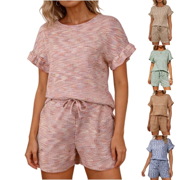 Bixock Womens 2 Piece Loungewear Sets Casual Summer Outfits Crew Neck Ruffle Short Sleeve Top and Drawstring Pocket Shorts Sleepwear