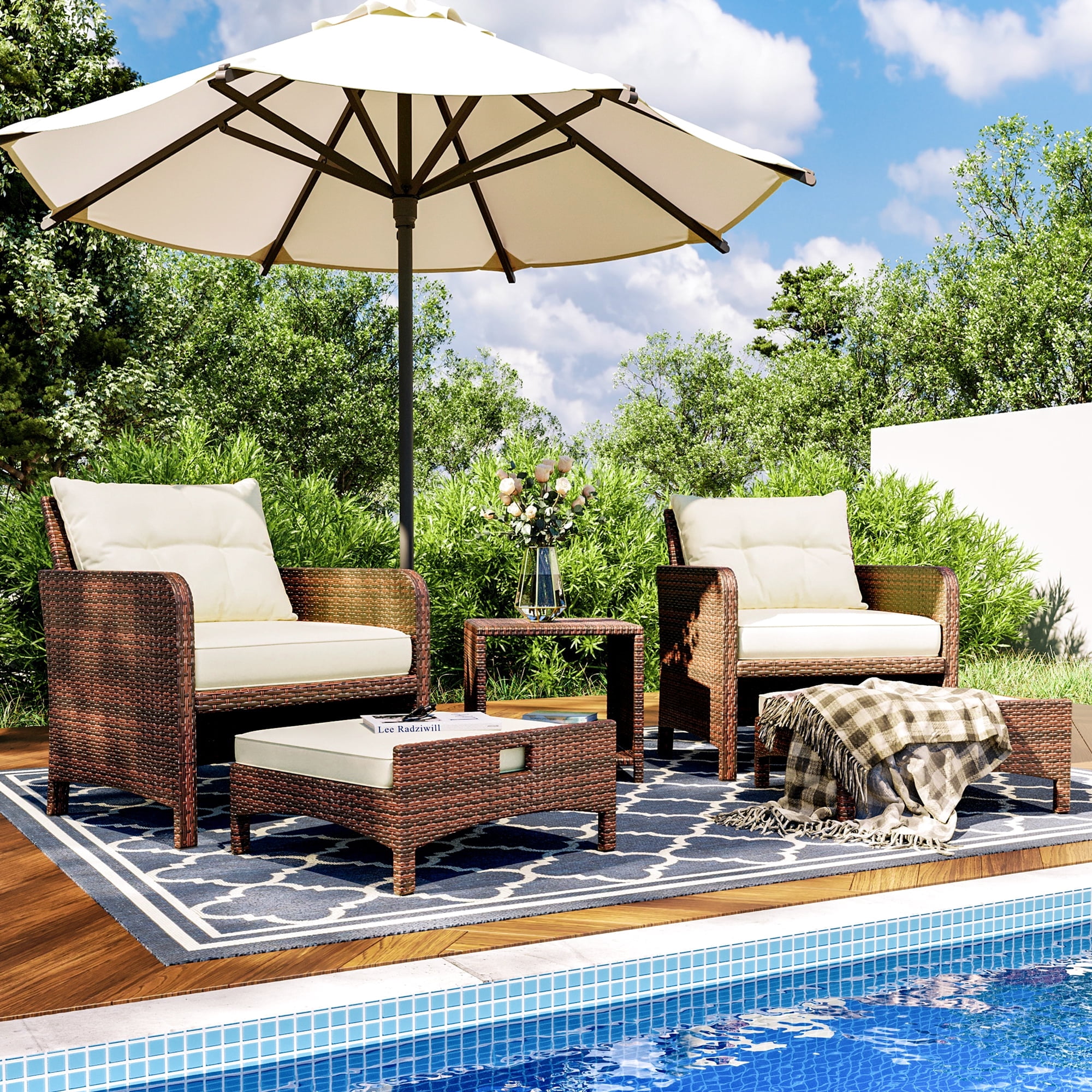 PAMAPIC 5 Pieces Wicker Patio Furniture Set Outdoor Patio Chairs with Ottomans (Beige)