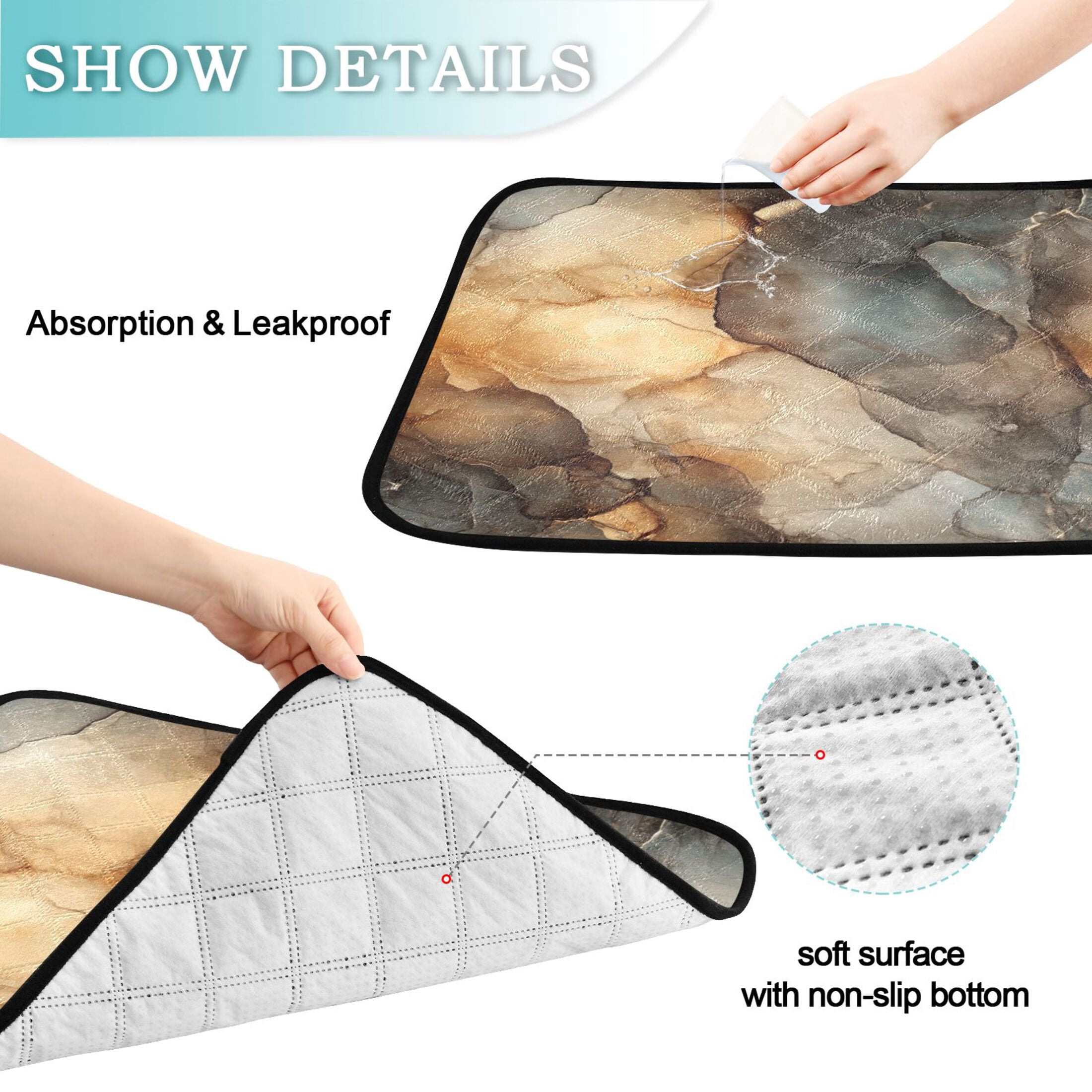Qxltty Marble Brown Pattern Cat litter Pads Pet Set of 3 Diaper Mats Center Anti-leakage Layer Absorbent Soft and Comfortable