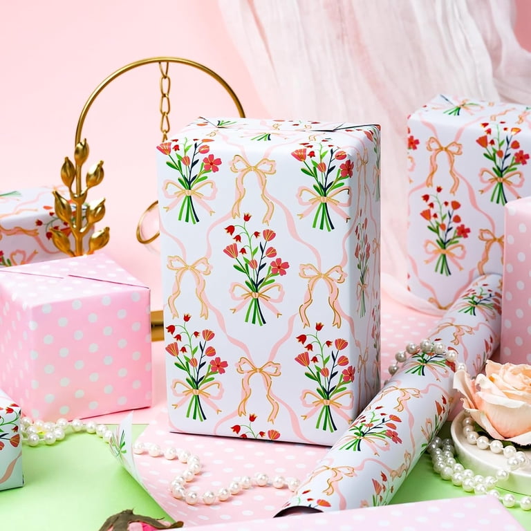 HOMERAL Reversible Floral Bow Wrapping Paper, Metallic Gold, 17"x32.8' photo 5