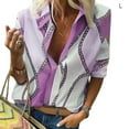 thumbnail image 1 of keepw Women Color Block Graphic Pattern Printed V-Neck Lapel Collar Long Sleeve Shirt Purple L, 1 of 4