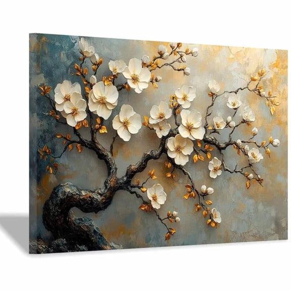 Mudket White Plum Blossom on Gold Branch Canvas Wall Art, Vintage Floral Oil Painting Wall Decor, Framed Ready to Hang Artwork for Living Room Bedroom Farmhouse - 12"L x 8"W