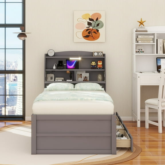 Twin Size Wooden LED Platform Bed with Trundle, with Storage Headboard, with Drawers, Gray