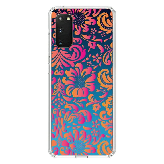 DistinctInk Clear Shockproof Hybrid Case for Galaxy S20 ULTRA / 5G (6.9" Screen) - TPU Bumper, Acrylic Back, Tempered Glass Screen Protector - Pink Orange Blue Flower Floral
