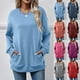 thumbnail image 1 of Pantalones deportivos de pierna ancha,Suéter de color liso para mujer, con doble bolsillo, manga larga, cuello redondo, poliéster, ropa informal para el hogar y uso diario, sopatenor, 1 of 9