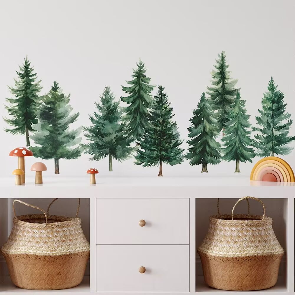 Watercolor Pine Tree Wall Decals Green Pine Tree Wall Sticker Large Tree Wall Decals Nature Woodland Forest Tree Wall Stickers for Nursery Bedroom Living Room Decor Peel and Stick