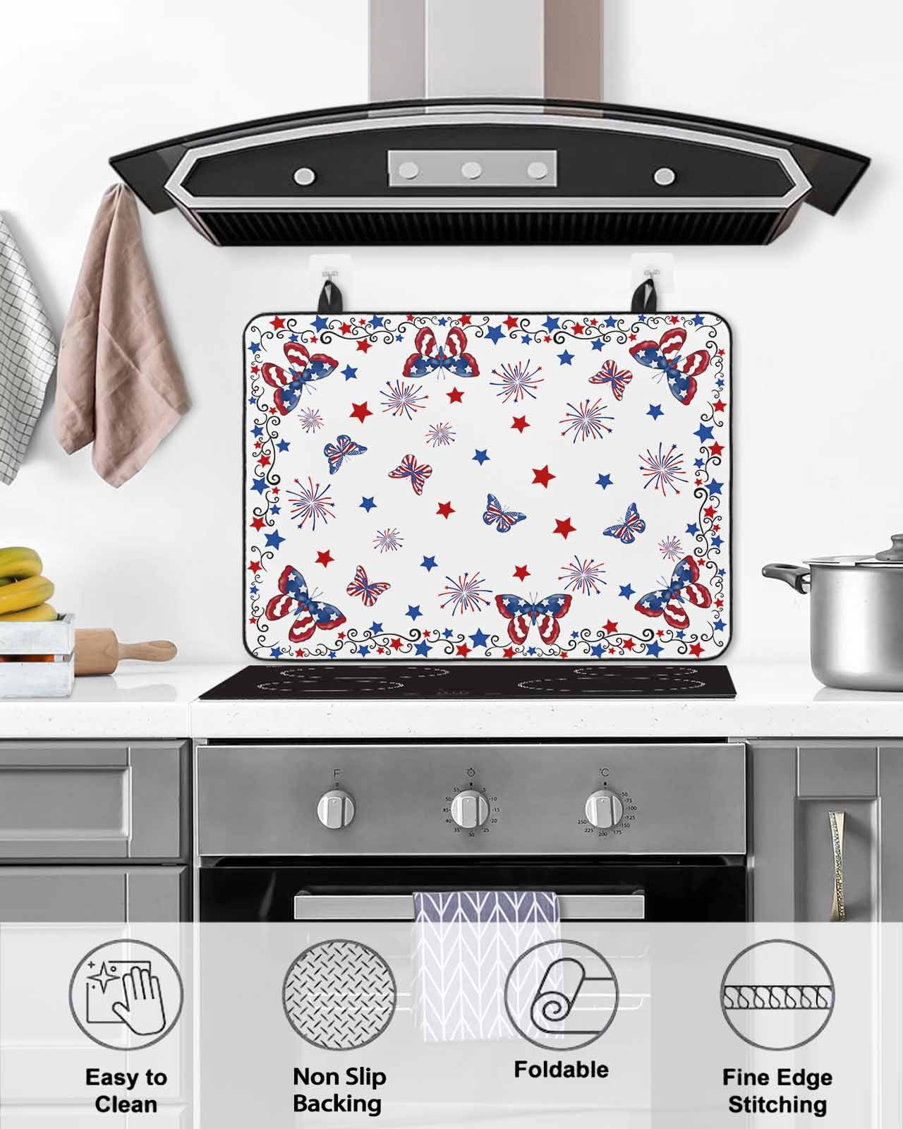 nqOlkjepod Large Induction Cooktop Protector Mat 24"x21", Blue Red 4th of July Stove Top Covers for Electric Stove, Independence Day Fireworks Butterfly Stove Burner Cover Mats Stove Cover