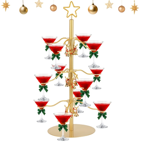 Cocktail Tree Stand for Drinks, 3 Tier 12 Champagne Glass Holder for Parties,with Crystal Sticker & Bell Margarita Cups at Weddings, Xmas