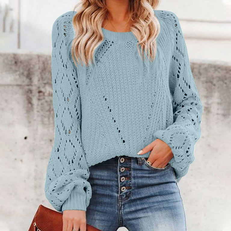 CHGBMOK Womens Sweaters Fall 2023 Solid Hollow Out Knitted Pullover Sweater  Long Sleeve Round Neck Sweater Tops Fall