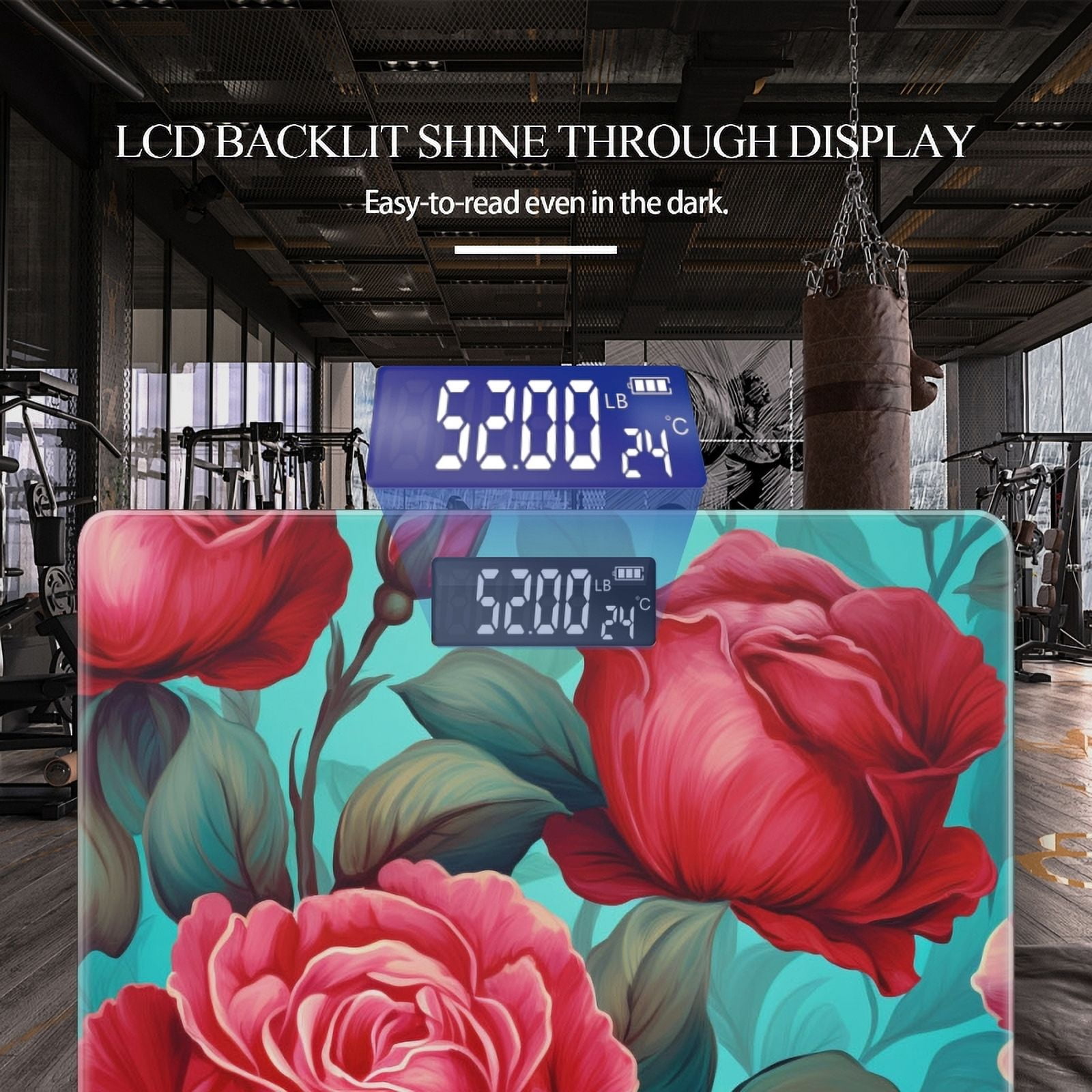 High Precision Body Weight Scale Smart Bathroom Scales with Large LCD Display(400lbs),Decorative for Bedroom-Pink And Red Roses On Turquoise Background