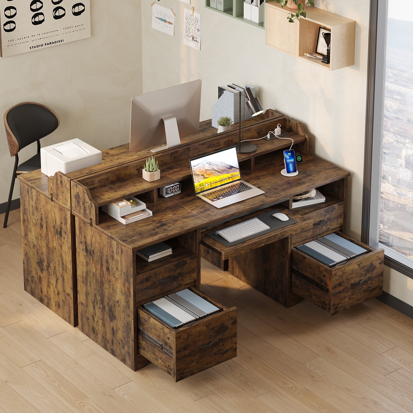 Bestier Farmhouse Executive Desk with Drawers, 59" Wood Computer Desk with Charging Station, Home Office Desk with Keyboard Tray & Monitor Stand，File Cabinet Sturdy Desk for Work Study, Rustic Brown