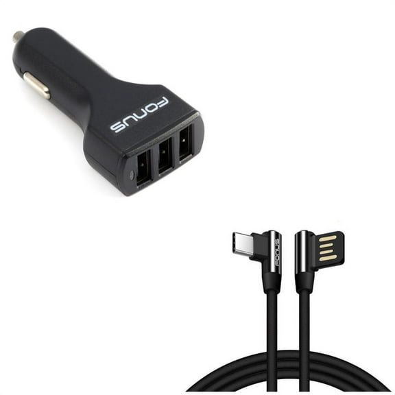Charger Cord 10ft Type-C Angle USB Cable w 3-Port USB 36W Car Charger P2Q for LG Google Nexus 5X, G8 ThinQ, G7 ThinQ, G Pad X II 10.1, Stylo 5 4 Plus - Microsoft Surface Go (10"), Lumia 950