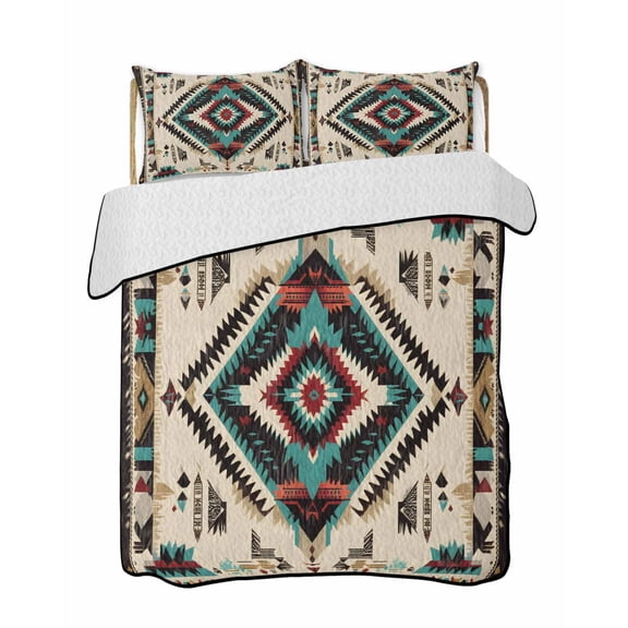 Boho Red Teal Brown Summer Quilt Set King Size, Soft Microfiber Quilted Bedding Set with 2 Pillow Shams, Southwestern Country Geometric Lightweight All Season Bedspread Coverlet for Bedroom 96"x106"