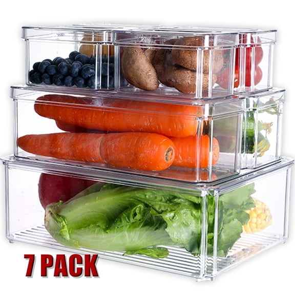 Fridge Organizers and Storage, Refrigerator Organizer with Lids, Clear Organization Bins Plastic Storage Containers for Kitchen Food Drinks Fruits, 7 Pcs