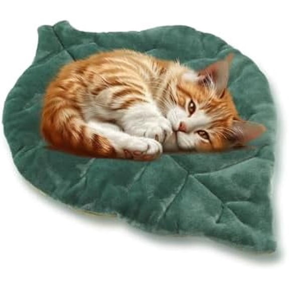 Leaf Shaped Self Warming Cat Mat 25.6"x21.6", Soft Cotton Thermal Self Heating Cat Pad Cute Kitten Bed Blanket for Indoor Cats & Small Dogs, Green