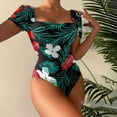 thumbnail image 2 of WREESH Womens One Piece Swimsuit Short Sleeve Swim Suits Printed Slim American Backless Tether Bikini Swimsuit Bathing Suits Green, 2 of 6