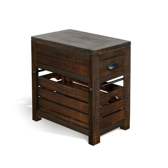 Flint Accent Chairside Table, 1 Drawer, Crate, 26 Inch Dark Brown Wood