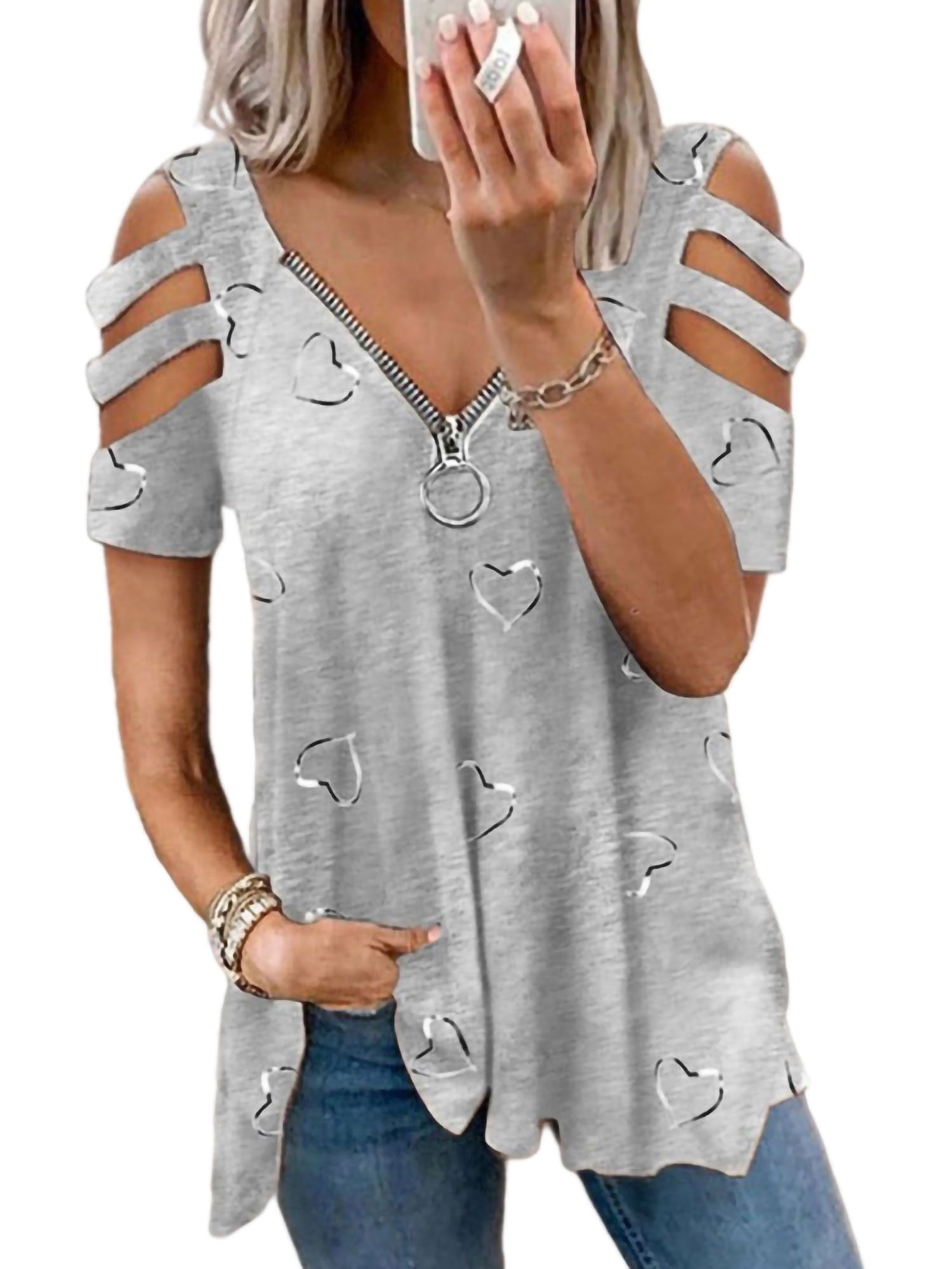 Rockia Womens Plus Size Cutout Asymmetric Cold Shoulder Sling T-Shirt V-Neck Tops Cami 