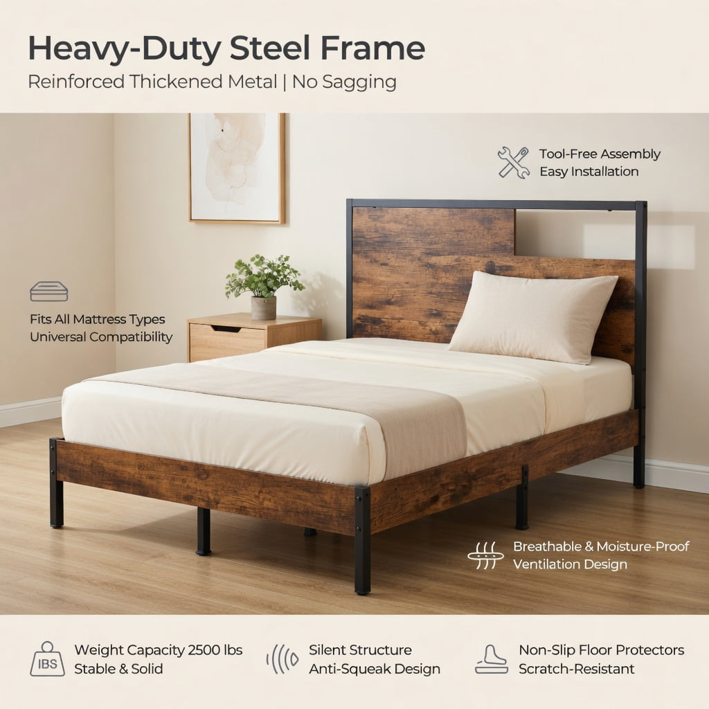 Demi Bonn Twin Size Bed Frame with Wooden Headboard and Footboard, Industrial Metal Platform Bed Frame with Under Bed Storage, No Box Spring Needed, Brown