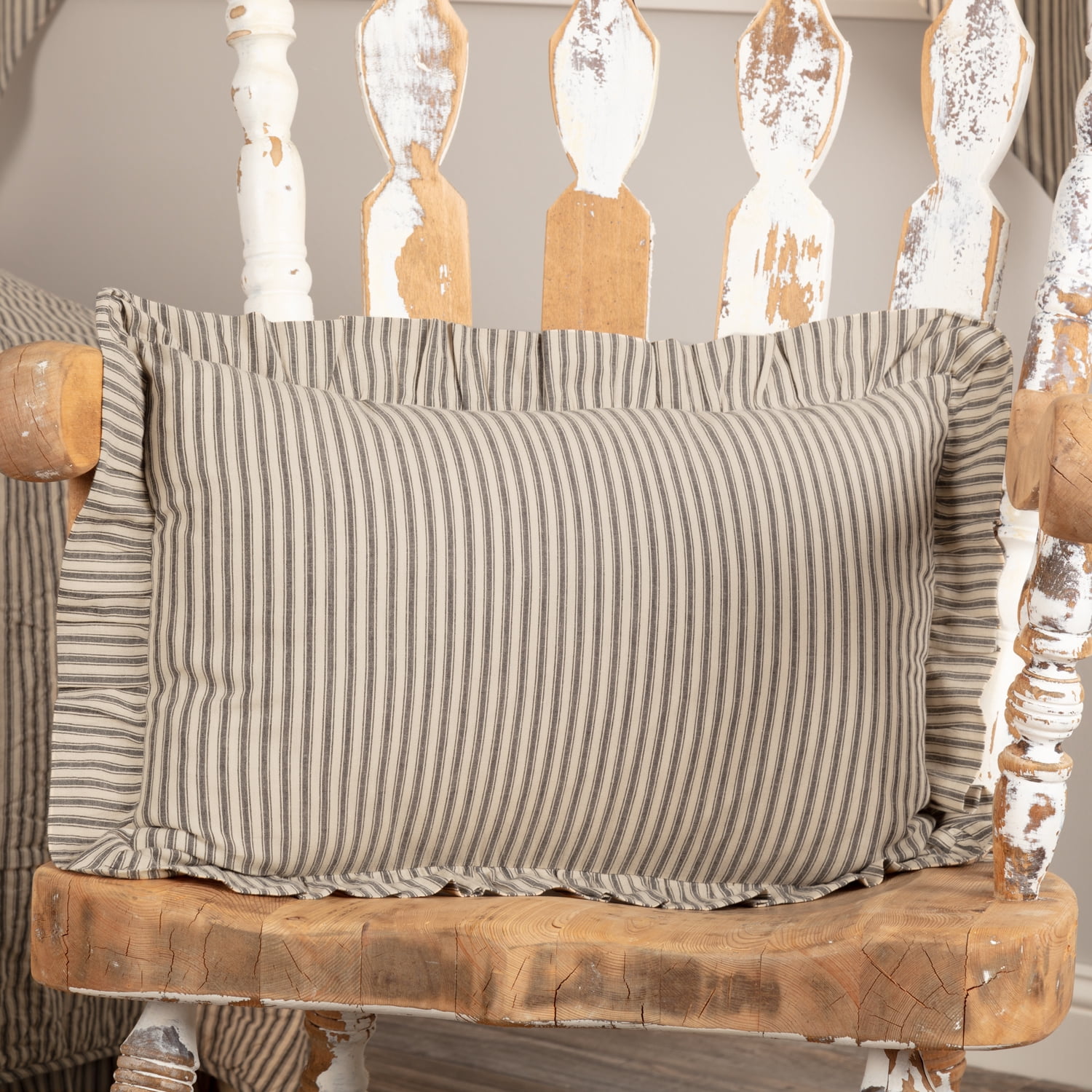 VHC Brands Sawyer Mill Throw Pillow Dark Gray and Cream Stripe Cotton Decorative Farmhouse Country Cushion with Ruffle for Sofa Couch 14x22