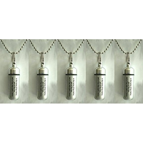 FIVE Classic Brushed Silver CREMATION URN Necklaces with ENGRAVED BLESSING - Includes Velvet Pouches, Ball-Chains & Funnel - Great Chistmas Gift