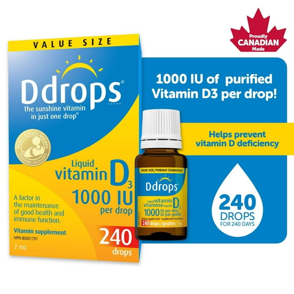 Supplément vitaminique de vitamine liquide D3 de Ddropsᴹᴰ, 1000 UI format économique 7 mL, 240 gouttes