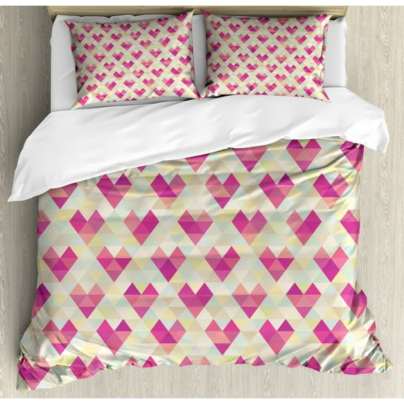 Geometric Duvet Cover Set Queen Size, Colorful Modernistic Mosaic Design with Tiny Triangles Pattern, Decorative 3 Piece Bedding Set with 2 Pillow Shams, Pink and Multicolor, by Ambesonne