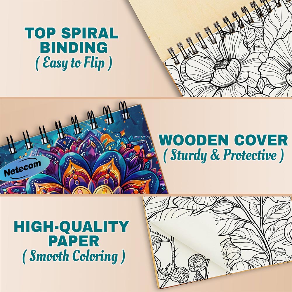 Netecom Mindful Patterns Coloring Book Spiral Bound For Adults, A5 Wooden Cover, 30 Gentle Coloring Pages in Flowing and Organic Designs for Stress Relief and Relaxation