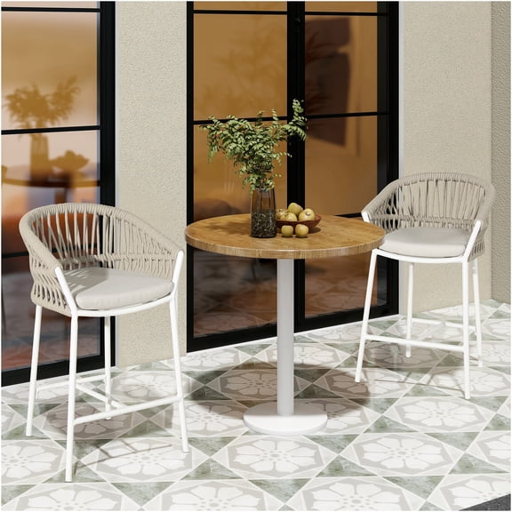 JERFIT 27 Inch Counter Stools Set of 2, Outdoor Bar Stools with Olefin Weaving, Beige Patio Height Swivel Chairs for Kitchen Island, Porch, Poolside