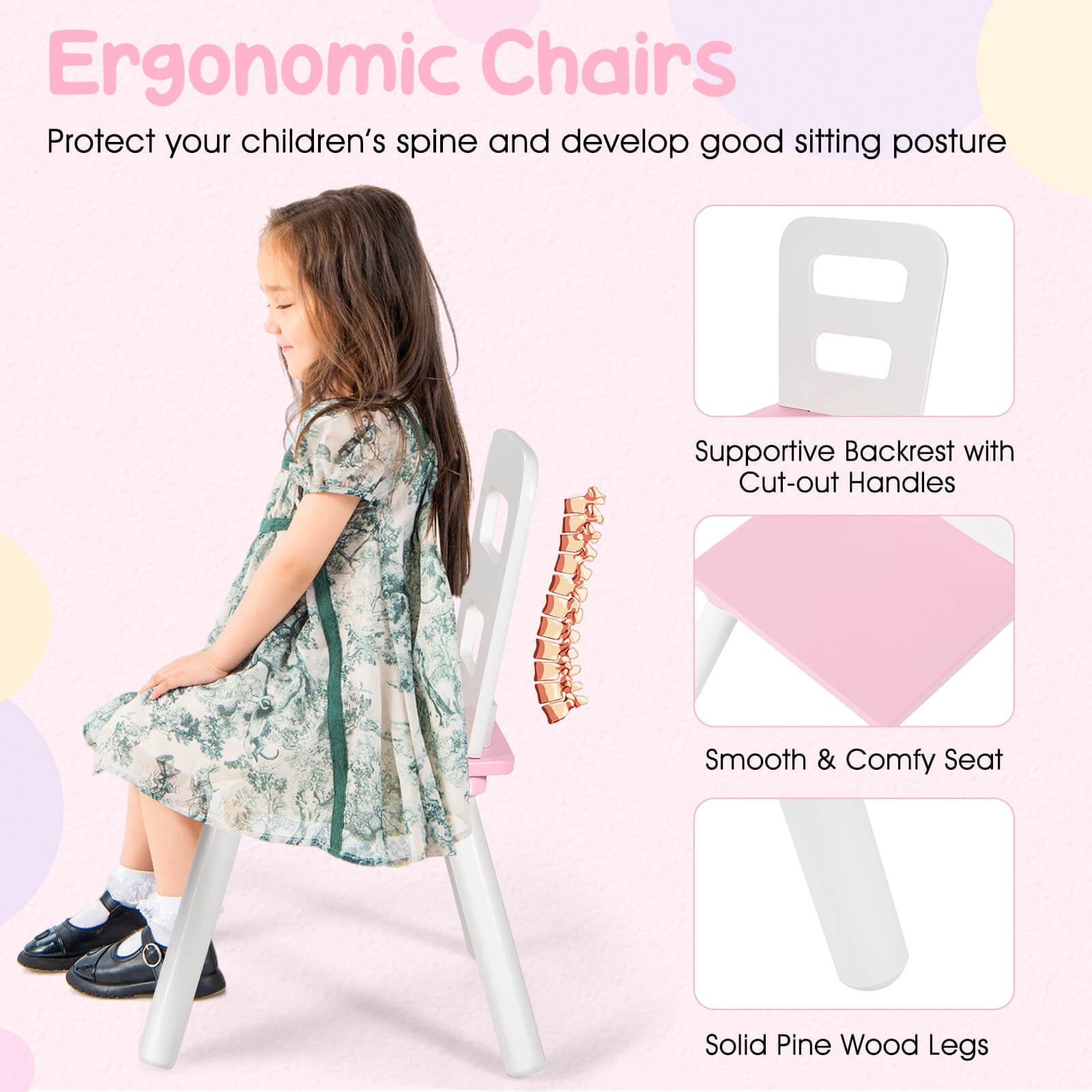 Infans Kids Wooden Round Table & 2 Chair Set w/ Center Mesh Storage Pink