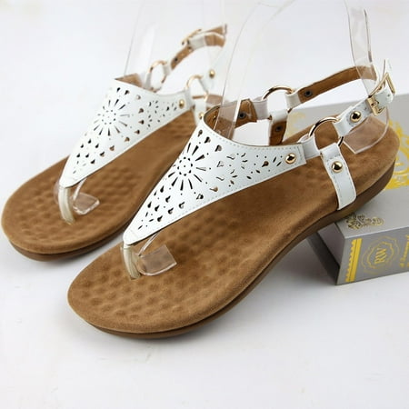 

Akiihool Woman Sandals Casual T Strap Dress Sandals Adjustable Ankle Buckle Dress Thong Sandals with Strappy for Women Summer Wedding (White 6.5)
