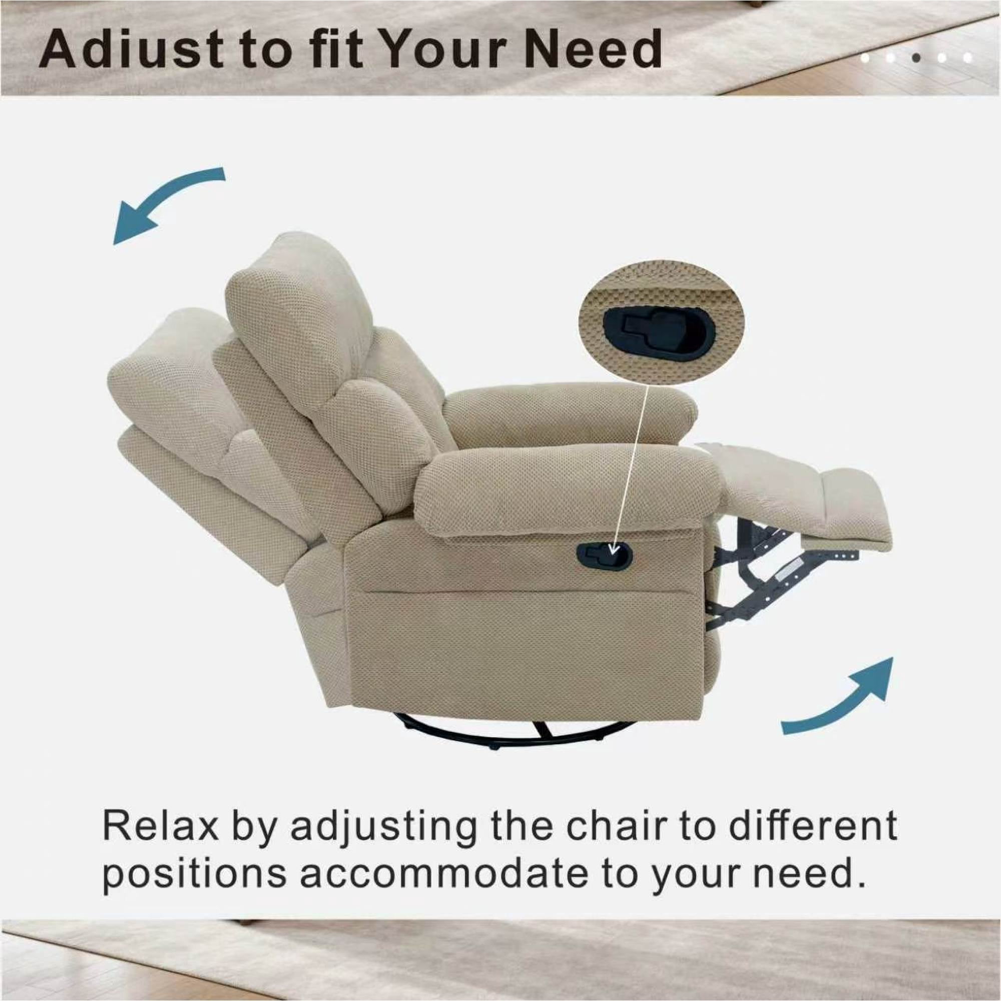 Leumius Swivel Rocker Recliner for Adults,360° Upholstered Glider Recliner Rocking Chair for Nursery,Manual Recliner Chair for Living Room, Bedroom,Camel