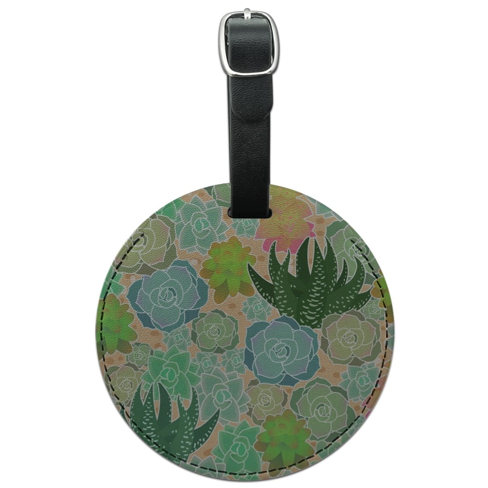 Succulent Cactus Aloe Plants Pattern Round Leather Luggage Card Carry-On ID Tag 