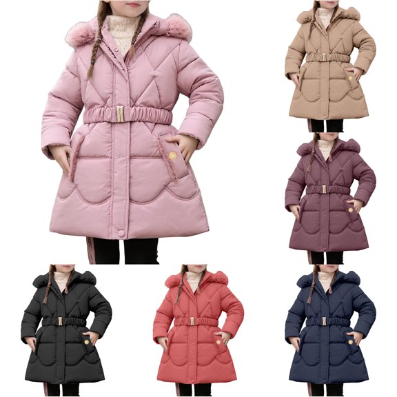 Rhuody Girl'S Coats 7-8 Years Winter Long Sleeve Windproof Hooded Padded Jacket Trim Waist Belt Mid Length Warm Outerwear For Daily Outdoor Play Fashion Wear