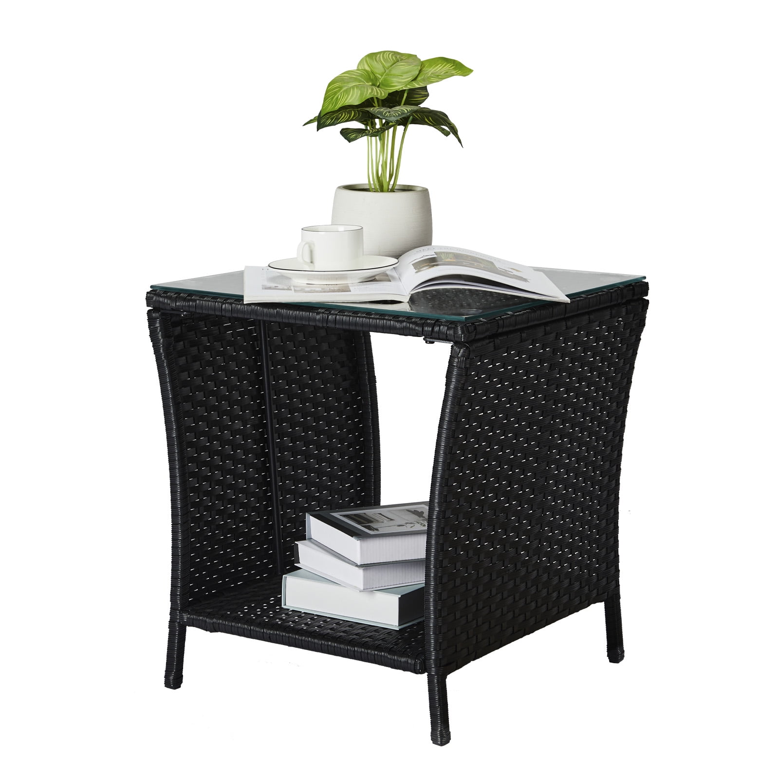 Outdoor Black PE Rattan Tempered Glass Side Table Sturdy Iron Frame Patio End Table With Storage Shelf Weather Resistant Accent Table For Garden Backyard Balcony Porch Indoor Outdoor Use