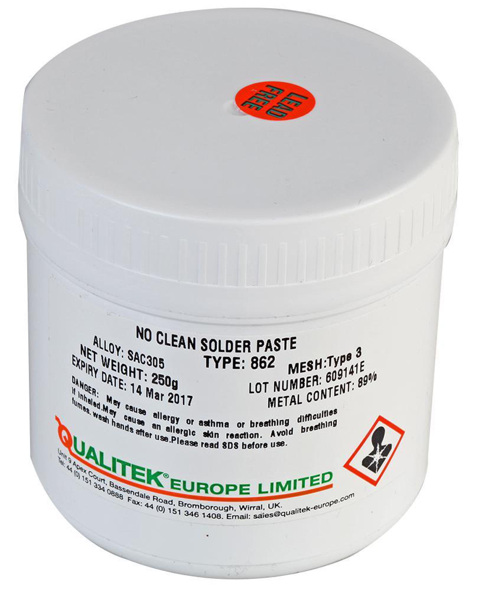 QUALITEK Lead Free Solder Paste, 95.5/0.5/0.5, 250g Pot