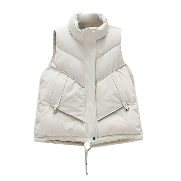 IROINNID Women's Puffer Vest Solid Color Sleeveless Warm Pocket Vest Coat Short Jacket Winter Turn Down Zipper Outerwear, Beige