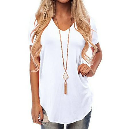 Woman's V Neck Swallow Tail T-shirt Short Sleeve Summer Casual  Loose Solid Tunics Top Blouse Tee (Best Summer T Shirts)