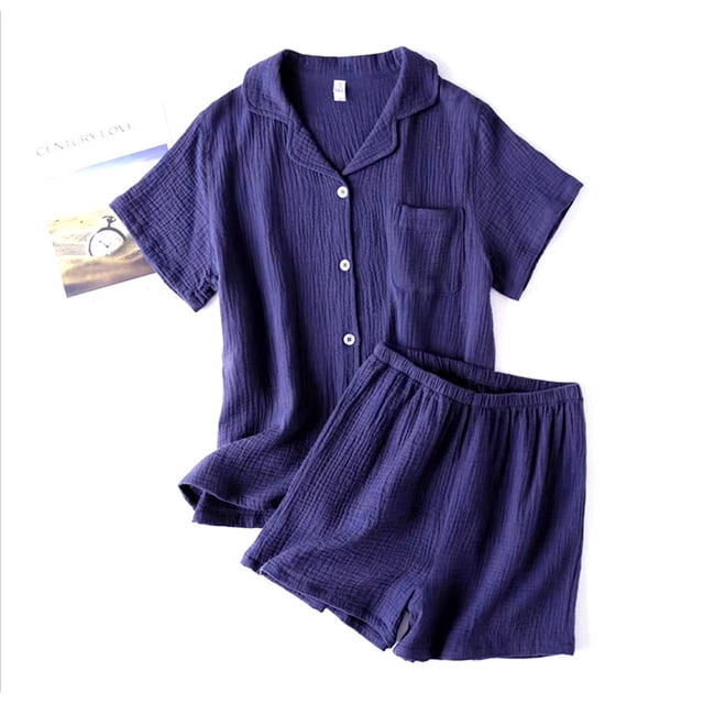 Pijama de pareja de manga corta con pantalones cortos de crepé lavado de algodón, traje de verano de gasa fina de doble capa para hombres y mujeres, ropa de hogar