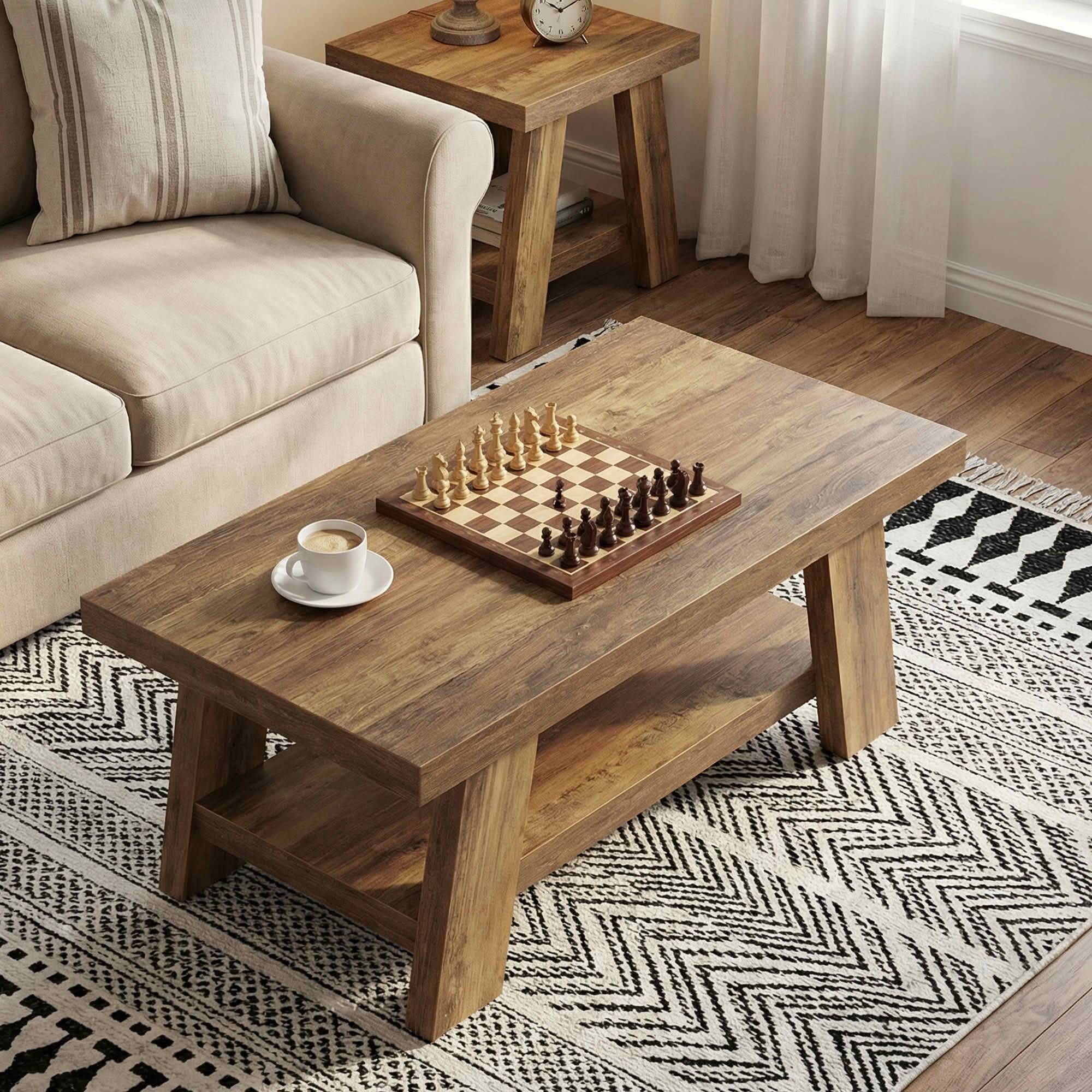 MAYEETY 47 Inch Farmhouse 2-Tier Coffee Table Storage Living Room Table