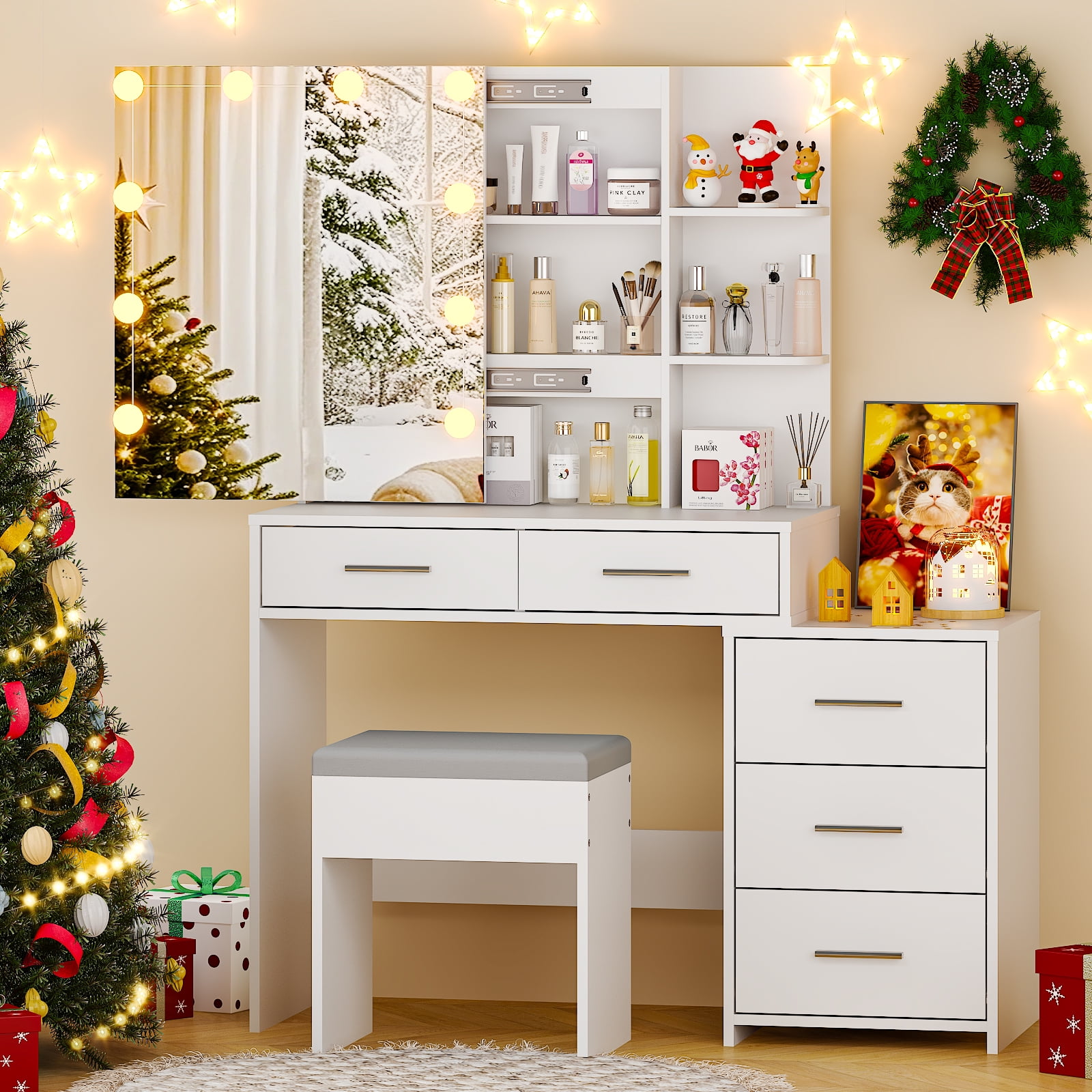 Ktaxon Lighted Vanity Desk, White Dressing Table with Sliding