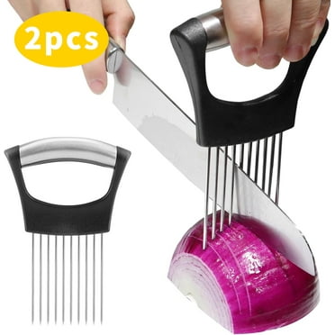 SUSWIM 2PCS Onion Holder for Slicing, Onion Cutter Vegetable Chopper, Stainless Steel Tomato Slicer Vegetable Cutter for Potato, Avocados, Eggs, Food Slicer Assistant Tool for Fruit Lemon and Meat