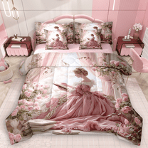 Manfei Pink Princess Twin Bedding Sets 7pcs for Kids Girls, Chic Floral Flower Bedding Comforter Set, Girly Cottage Sheet Sets, Ultra Soft Home Decor