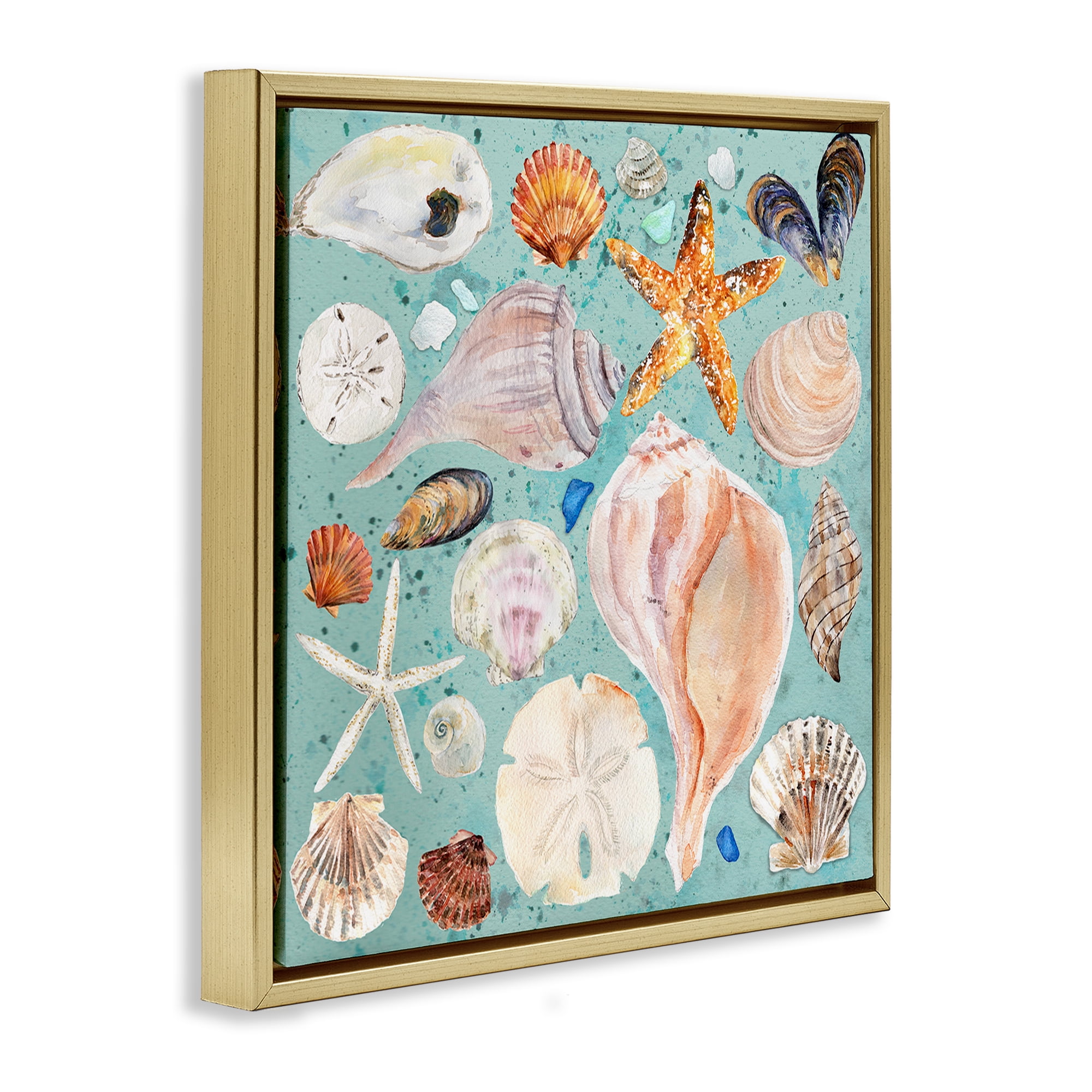 Stupell Industries Seashell Puzzle Pattern Coastal Painting Gold Floater Framed Canvas Art Print Wall Art, 18 x 18