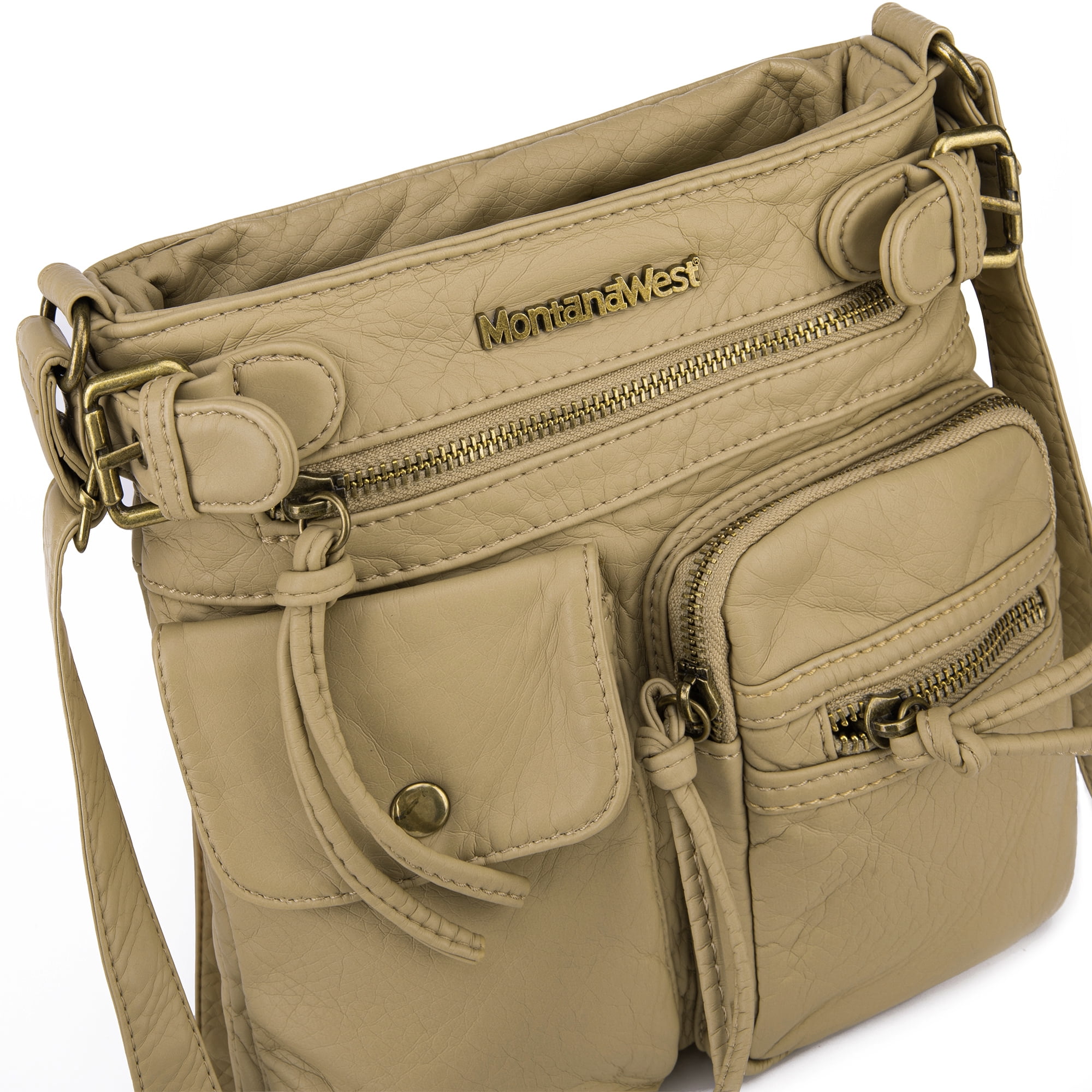 Montana West Crossbody Bag for Women Soft Washed Leather Multi Pocket Shoulder Purses, Beige
