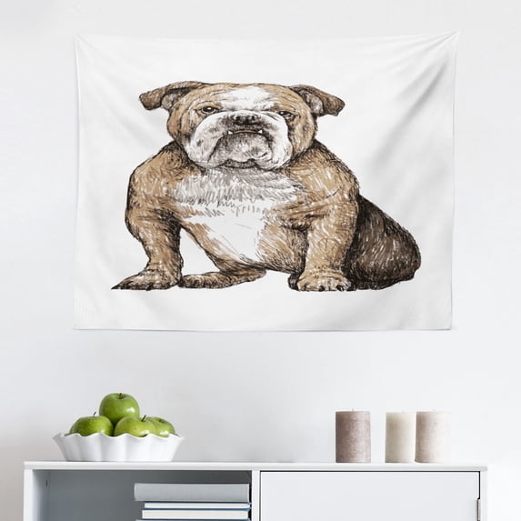 Bulldog Tapestry, Monochrome Style Graphic Demonstration of a Doggie in a Christmas Hat, Fabric Wall Hanging Decor for Bedroom Living Room Dorm, 2 Sizes, Charcoal Grey and White, by Ambesonne