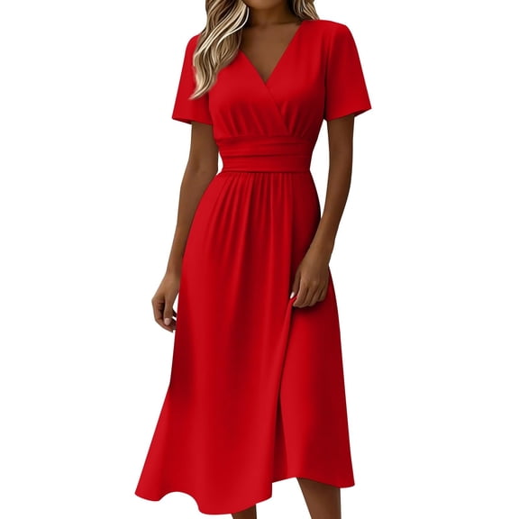 zbxnLI Womens V Neck Dress Wrap Short Sleeve Dresses for Women Fashion Flowy Hem Casual Work Vacation Sundress