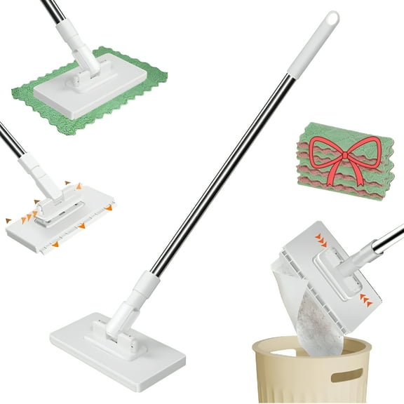 ACDANC Disposable Dust Mop with 4 Reusable Cloths, Flat Mop with Disposable Pads, 39" Long Handle Wet and Dry Mopping Sweeper Stick with Locking Head&Sweeping Cloths for Multi Surface